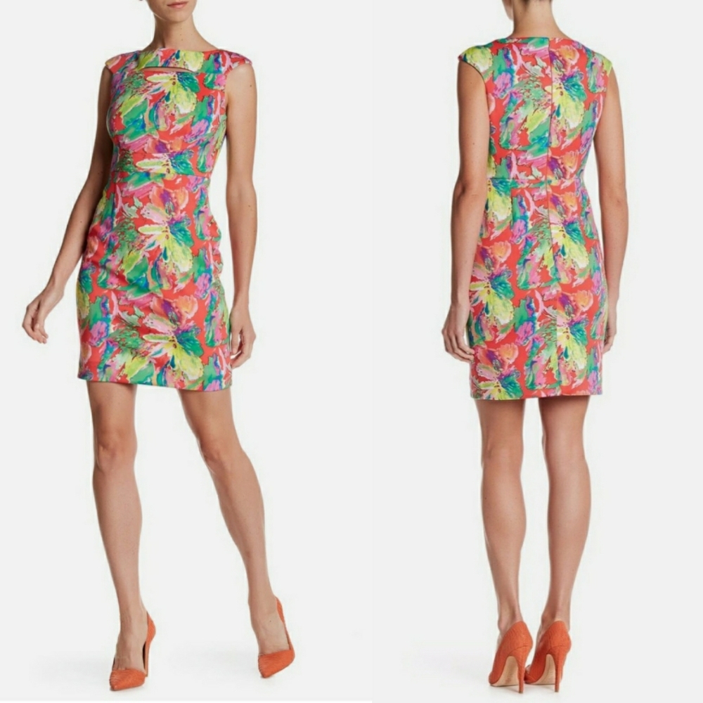 NWT Tahari ASL Colorful Floral Sheath Cut-out Dress Size 8 Petite